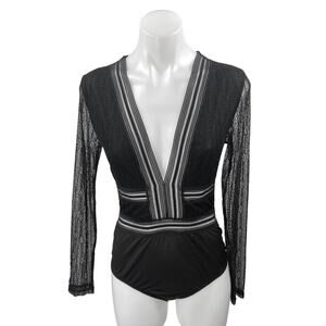Lulus Casita Black Sheer Lace Long Sleeve Plunge V-neck Bodysuit Blouse Top Sz M
